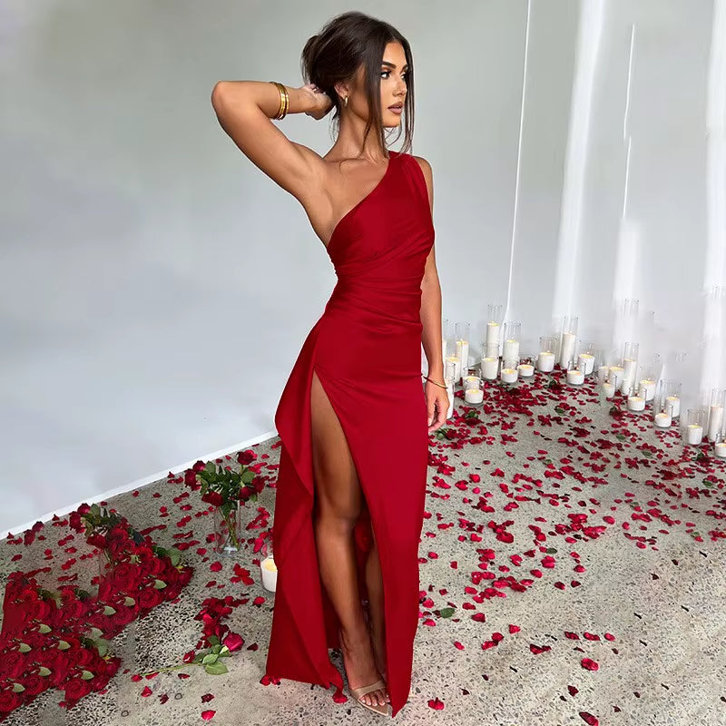 Summer Sexy One Shoulder Satin Dress Women Sleeveless Backless High Split Party Long Evening Dresses Elegant Cocktail Dress
