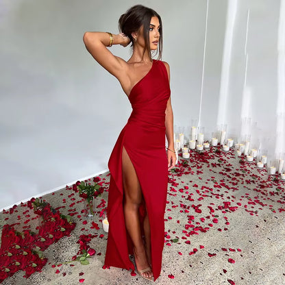 Summer Sexy One Shoulder Satin Dress Women Sleeveless Backless High Split Party Long Evening Dresses Elegant Cocktail Dress