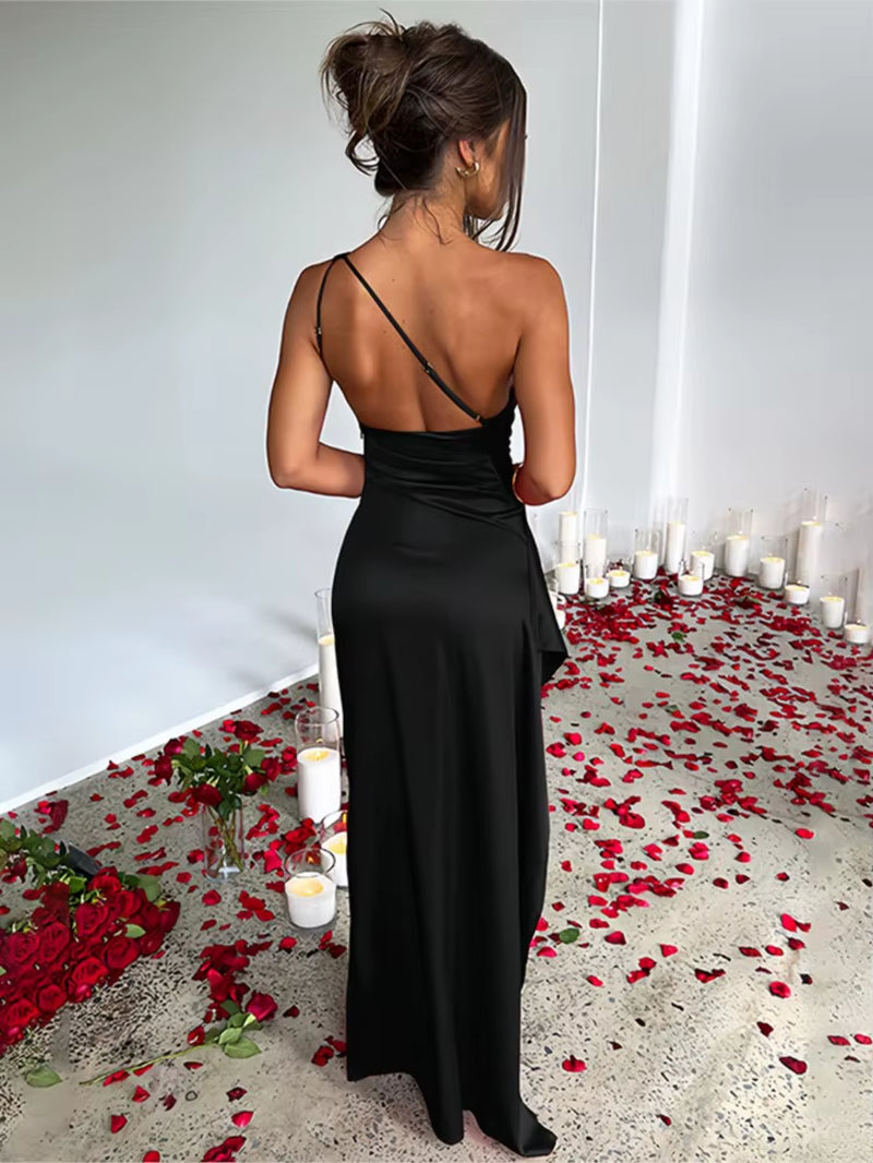 Summer Sexy One Shoulder Satin Dress Women Sleeveless Backless High Split Party Long Evening Dresses Elegant Cocktail Dress