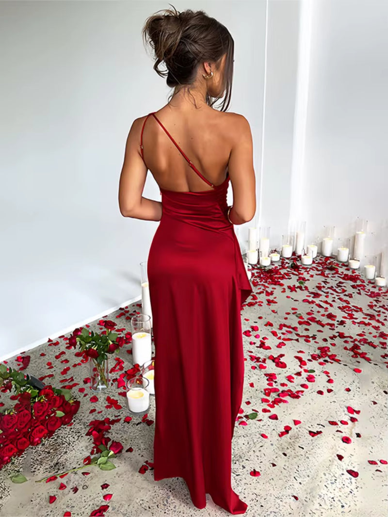 Summer Sexy One Shoulder Satin Dress Women Sleeveless Backless High Split Party Long Evening Dresses Elegant Cocktail Dress