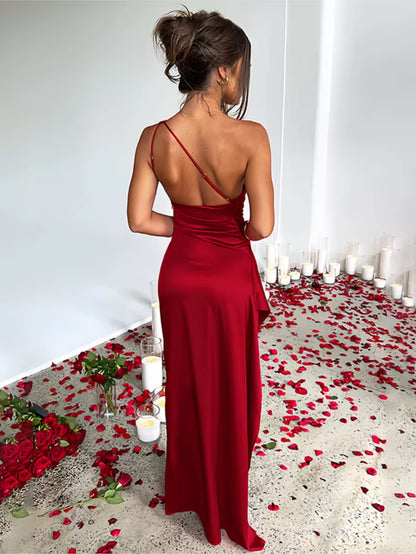 Summer Sexy One Shoulder Satin Dress Women Sleeveless Backless High Split Party Long Evening Dresses Elegant Cocktail Dress